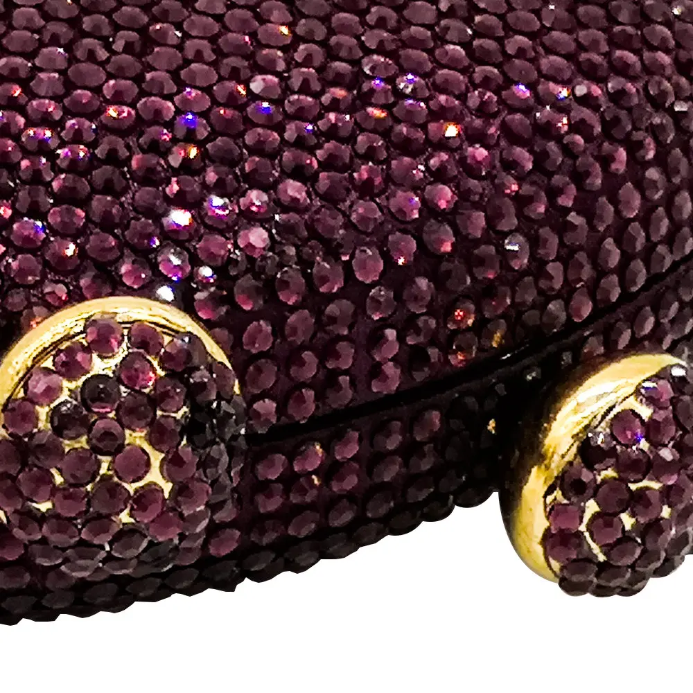 Double Flower Kiss Clasp Round Circular Women Purple Crystal Clutch Evening Handbags Hard Case Wedding Cocktail Diamond Bag
