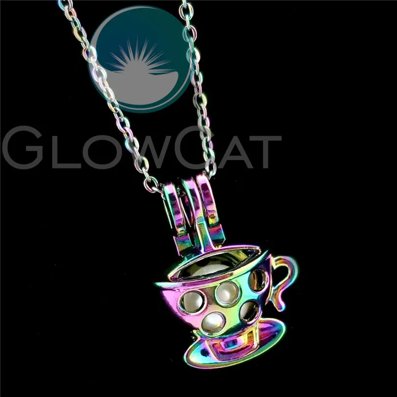 

R-C942 Rainbow Coffee Cup Beads Cage Pendant Perfume Diffuser Aroma Oyster Pearl Cage Locket Necklace