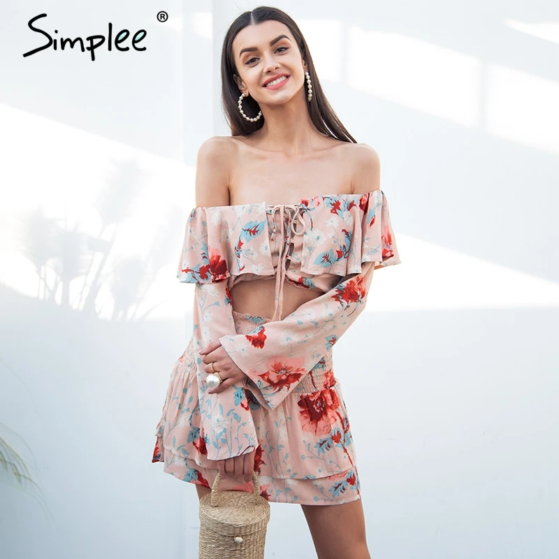 Летнее женское короткое платье Simplee, из двух частей, с рюшами, платье с открытыми плечами, свободным рукавом и кружевами, с принтом, повседневное короткое платье бохо