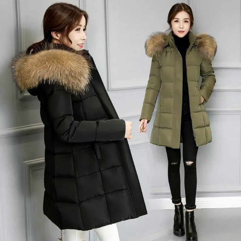 TEAEGG Meduim Long Jacket Women Coat Cotton Hat Removable Manteau Femme Faux Fur Collar Parkas Winter Clothing AL67 | Женская одежда