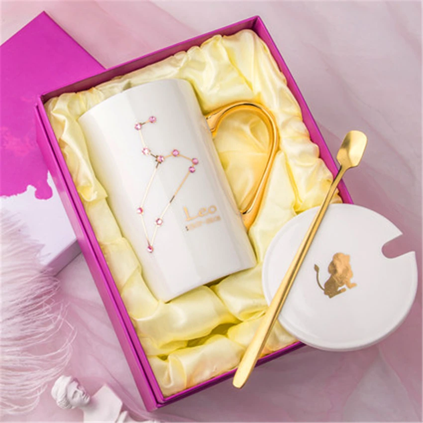 

Creative Ceramic Coffee Mug Milk Cup Tea Cup Gold Printing Twelve Constellations With Lid And Spoon Handle As Gift Zodiac