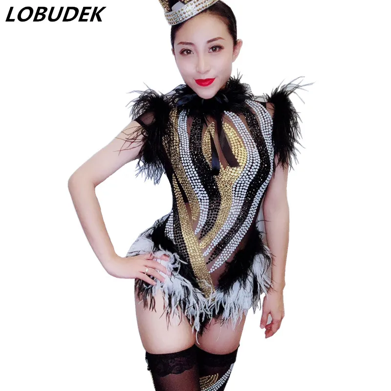 

Black White Feathers Rhinestones Bodysuit Nightclub Party Catwalk Mesh See-through Stage Costume Women Singer Crystals Jumpsuit