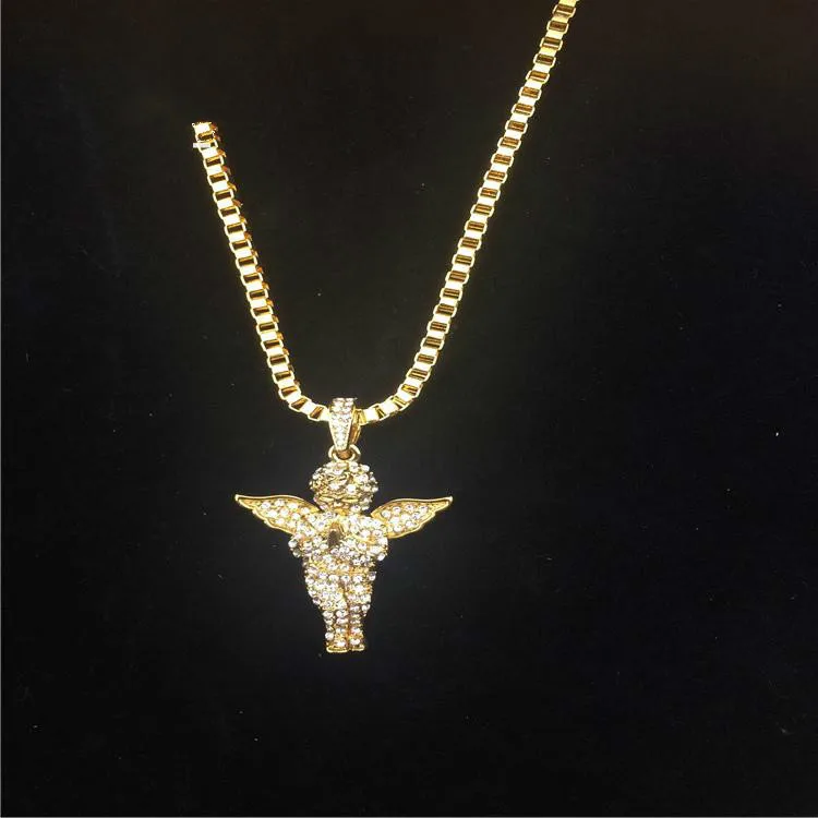 Золотой тон Iced Out Цепочки и ожерелья набор микро Ангел Кулон молитве руки