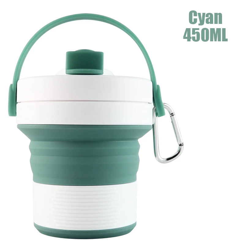 Cyan 450 мл Складная Силиконовая портативная бутылка для воды телескопическая Питьевая Складная кофейная чашка Складная силиконовая чашка с крышками туристический лагерь - Цвет: Cyan