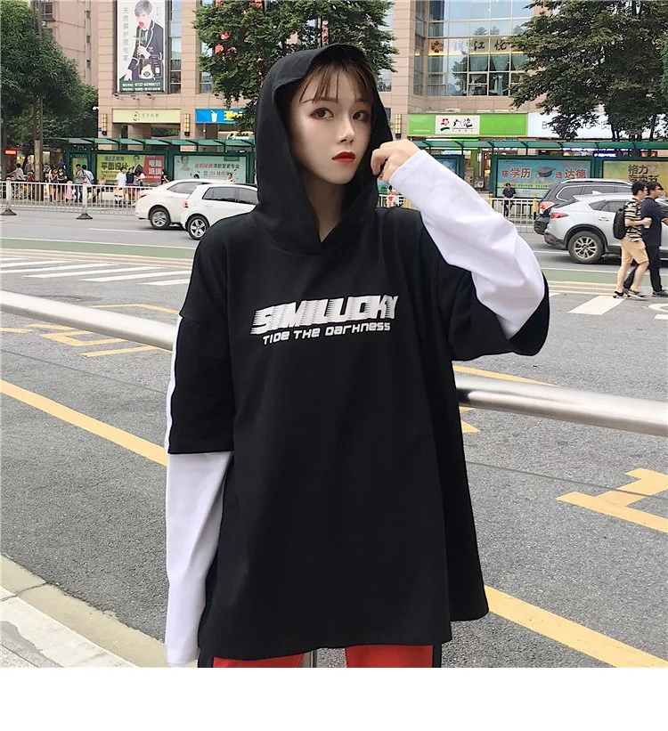 Осенняя модная футболка Женские футболки корейские Ulzzang Harajuku с принтом поддельные 2 шт с длинным рукавом Лоскутная футболка Женские топы