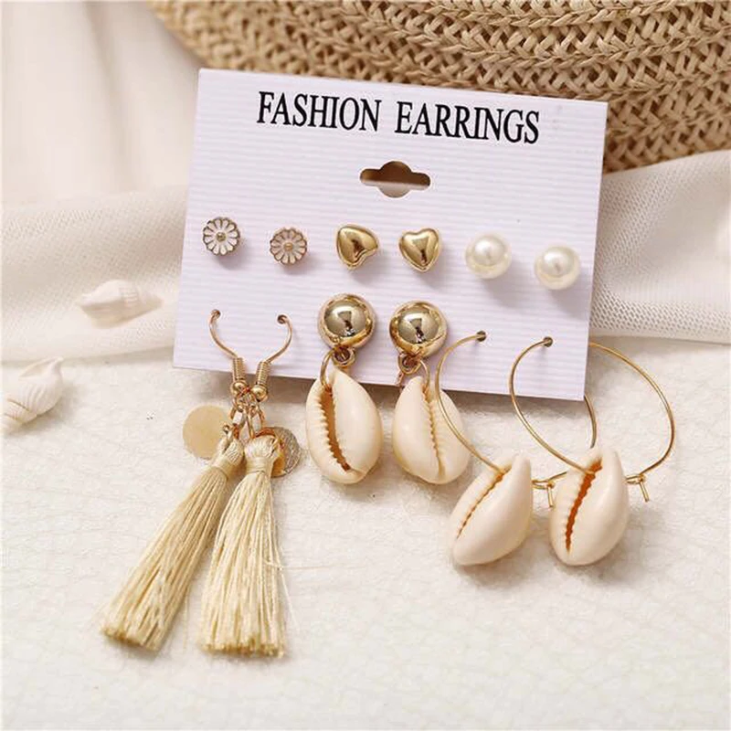 6-piece Set Design Bohemian Wind Natural Shell Earrings Ear Paired wWth Girl 2019 Fashion Female Jewelry Gifts | Украшения и