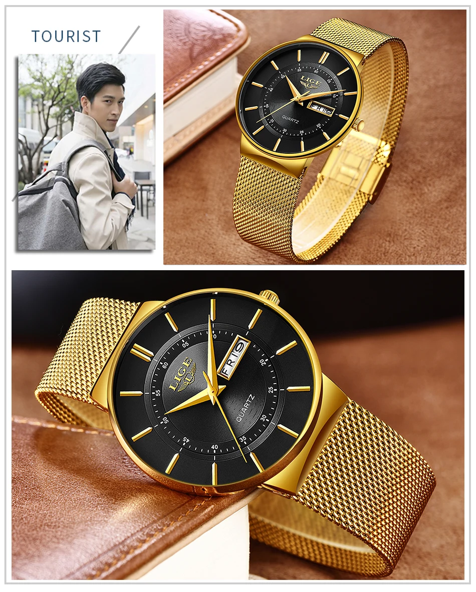 Relogio Masculino LIGE New Mens Watches Top Brand Luxury Ultra Thin Quartz Watch Men Steel Mesh Strap Waterproof Gold Watch