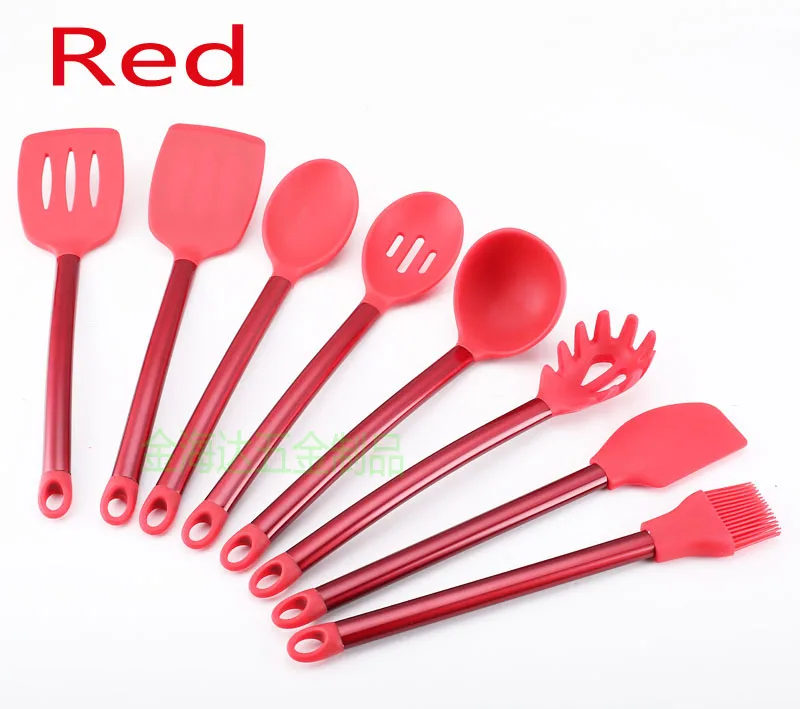 Red Кухонный набор из 8 предметов антипригарный силиконовый деревянная лопатка набор кухонных принадлежностей набор кухонных инструментов деревянная утварь кухонная посуда - Цвет: Red