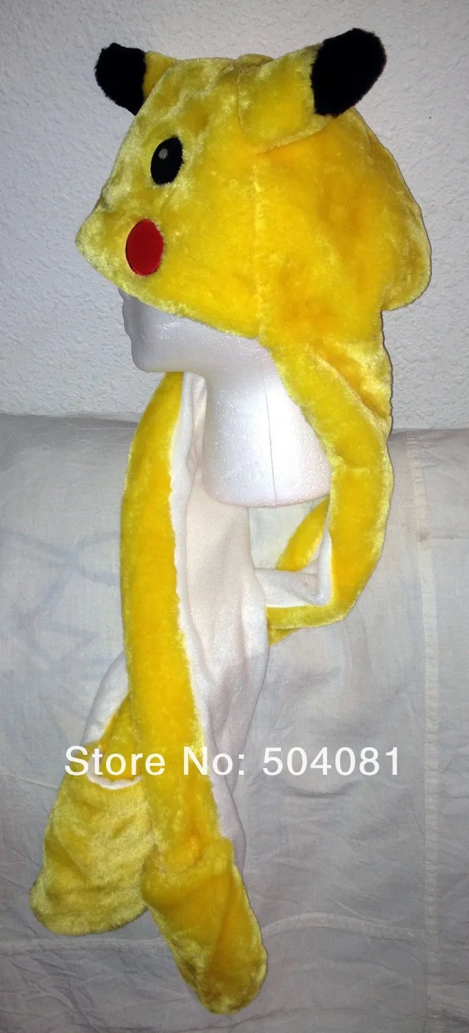 

Pika chu Cartoon Plush Animal Faux Fur Full Hood Kids Hat Women Children Costume Beanie with Long Scarf Mittens Gloves Earmuffs