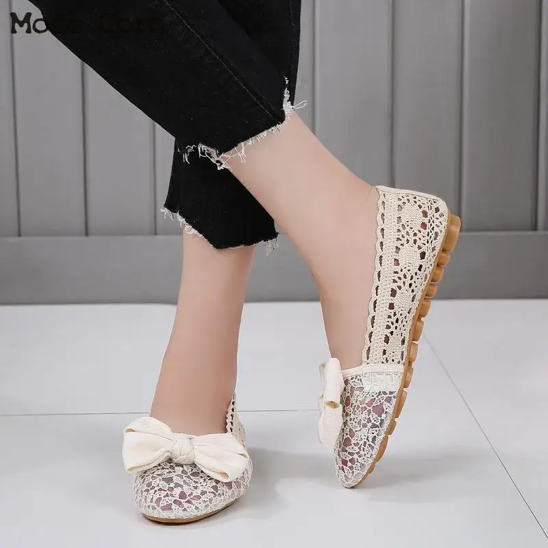 Летняя обувь из дышащей сетки Женская на плоской подошве с бантом Удобные лоферы