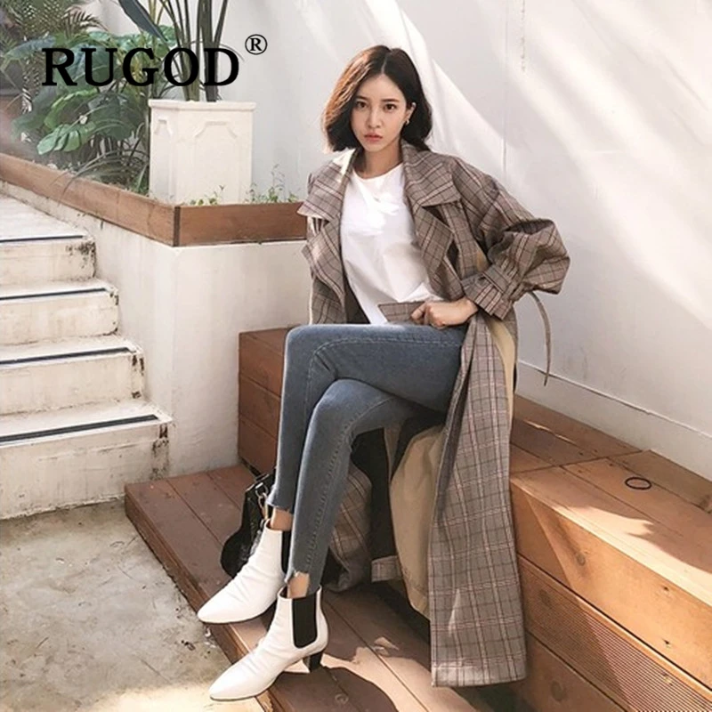 RUGOD Винтажный Длинный офисный женский клетчатый Блейзер корейский длинный рукав