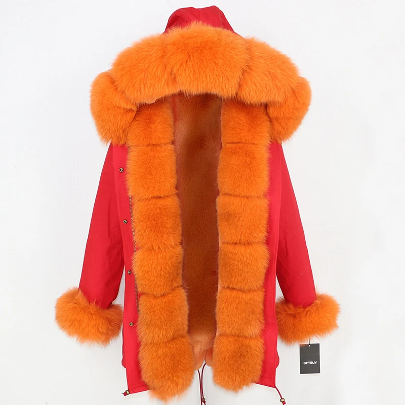 OFTBUY, зимняя женская куртка, пальто из натурального меха, длинная парка, большой натуральный Лисий мех, Толстая теплая верхняя одежда, уличная одежда, отстегивающиеся парки - Цвет: red orange