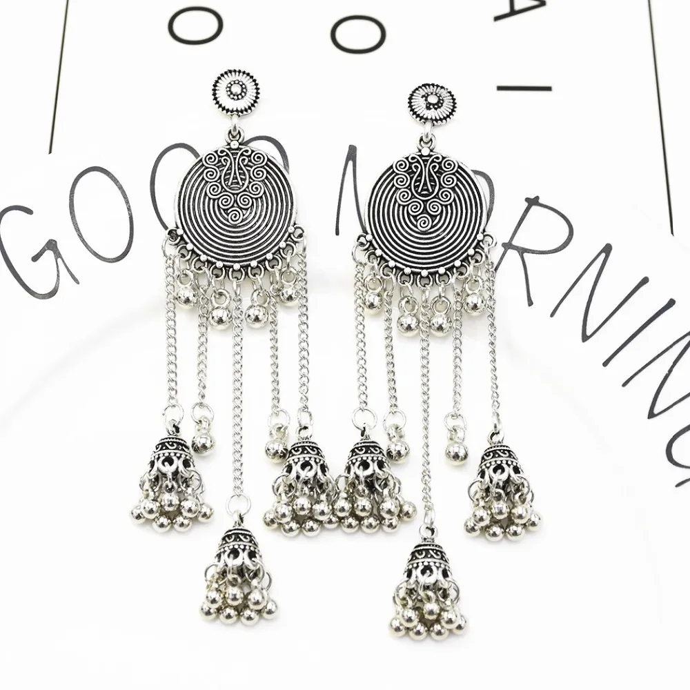 Индийские окисленные серьги Jhumka Jhumki, индийские ювелирные изделия для женщин, золотые, серебряные, длинные серьги с кисточками, с ушками, для афганского, египетского, турецкий Цыганский
