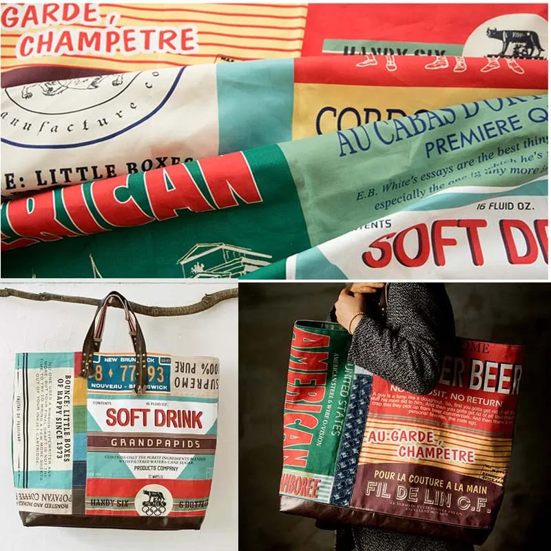 Винтажная стеганая ткань из хлопка и льна в стиле ретро с изображением коллажа