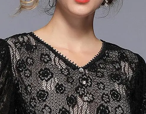 2019 New Summer Fashion Women Lace Mesh Patchwork Party Dress Vintage Lantern Sleeve V-neck Black Princess | Женская одежда