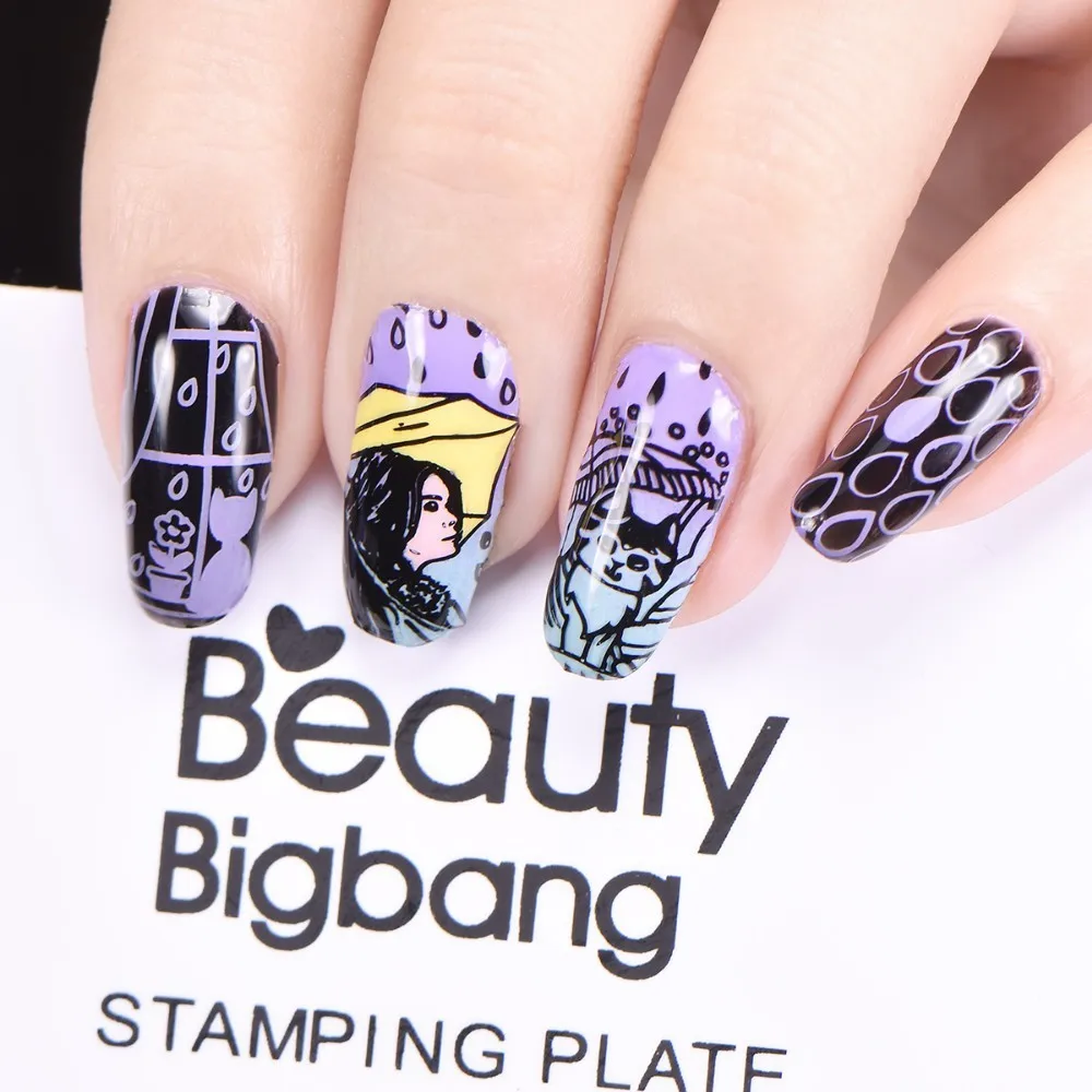 Трафарет BeautyBigBang для стемпинга ногтей романтический дождь птица красота