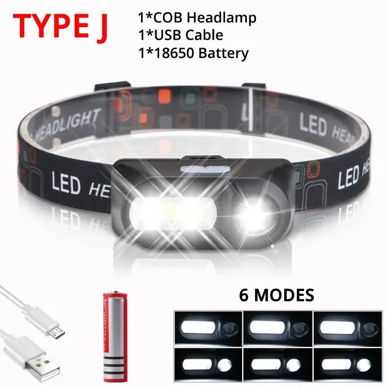 Налобный фонарь led T6 COB Головной фонарь вспышка светильник головной светильник супер яркий водонепроницаемый Головной фонарь - Испускаемый цвет: J