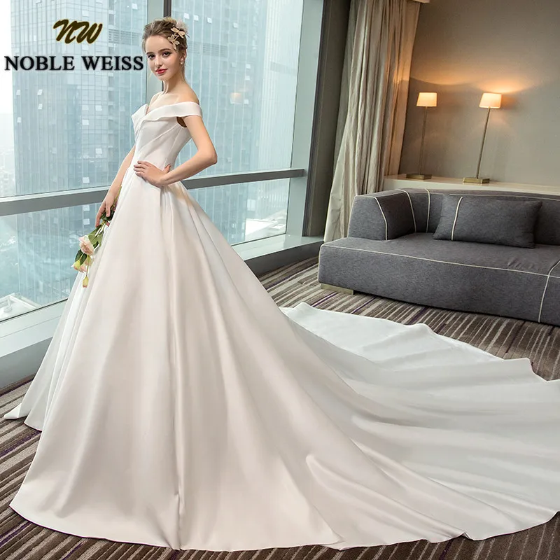 NOBLE WEISS Luxury Satin White Wedding Dresses A-line Long Court Train Bridal Gowns With Sexy Off the Shoulder Vestido De Novias | Свадьбы и