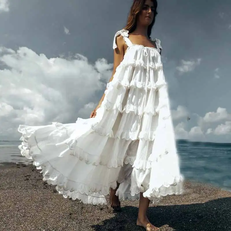 Богемный Вдохновленный женский синий фестончатый хлопок платье вышитые ярусы