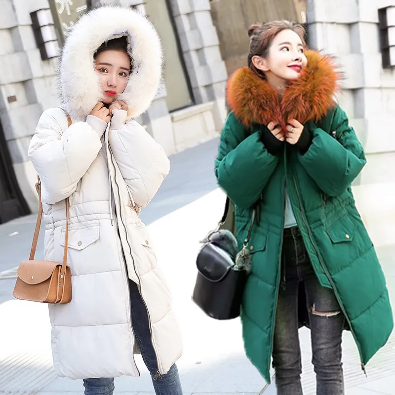 QIHUANG зима большой меховой воротник с капюшоном длинное женское пуховое пальто