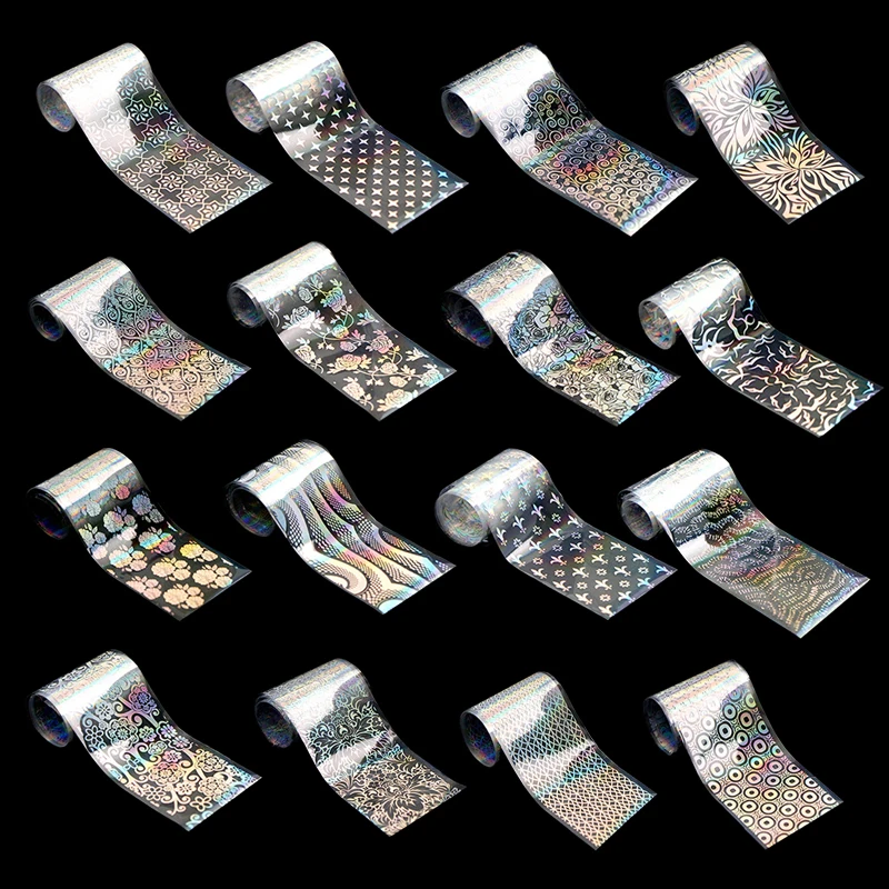 

16 PCS Sheets/lot Silver Nail Art Transfer Foil Stickers Holographic Lace Holo Tip Decals Decoration Accessories Manicure Kit