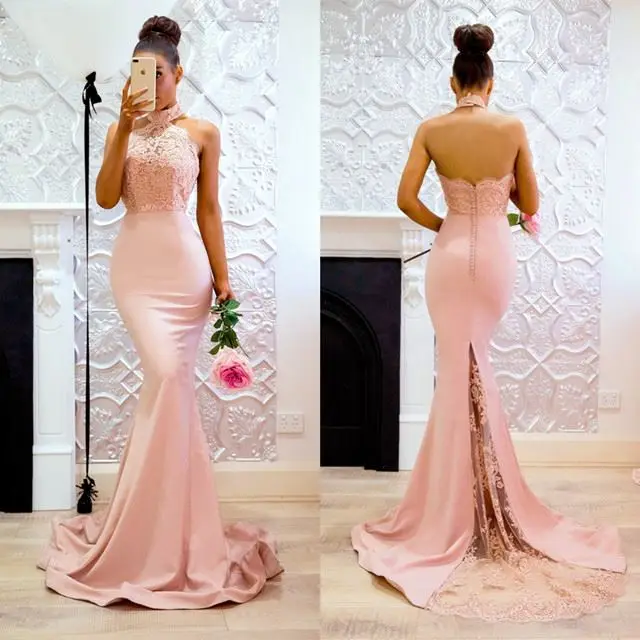 

2019 Illusion Halter Sheath Lace And Chiffon Pink Sweep Train Custom-Made Full-Length bridesmaid dress