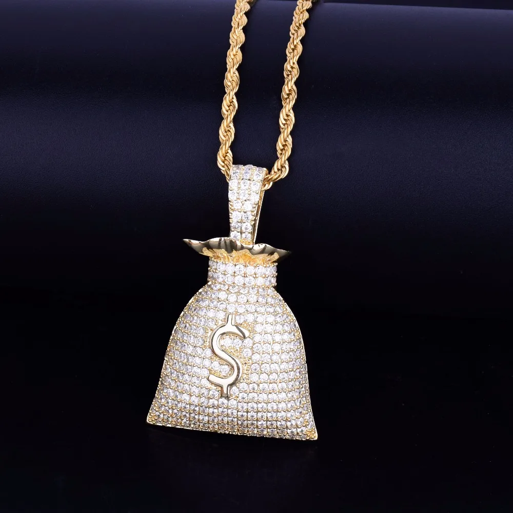 Доллар США сумочка для денег золотой кулон Цвет Bling кубический циркон мужчин в