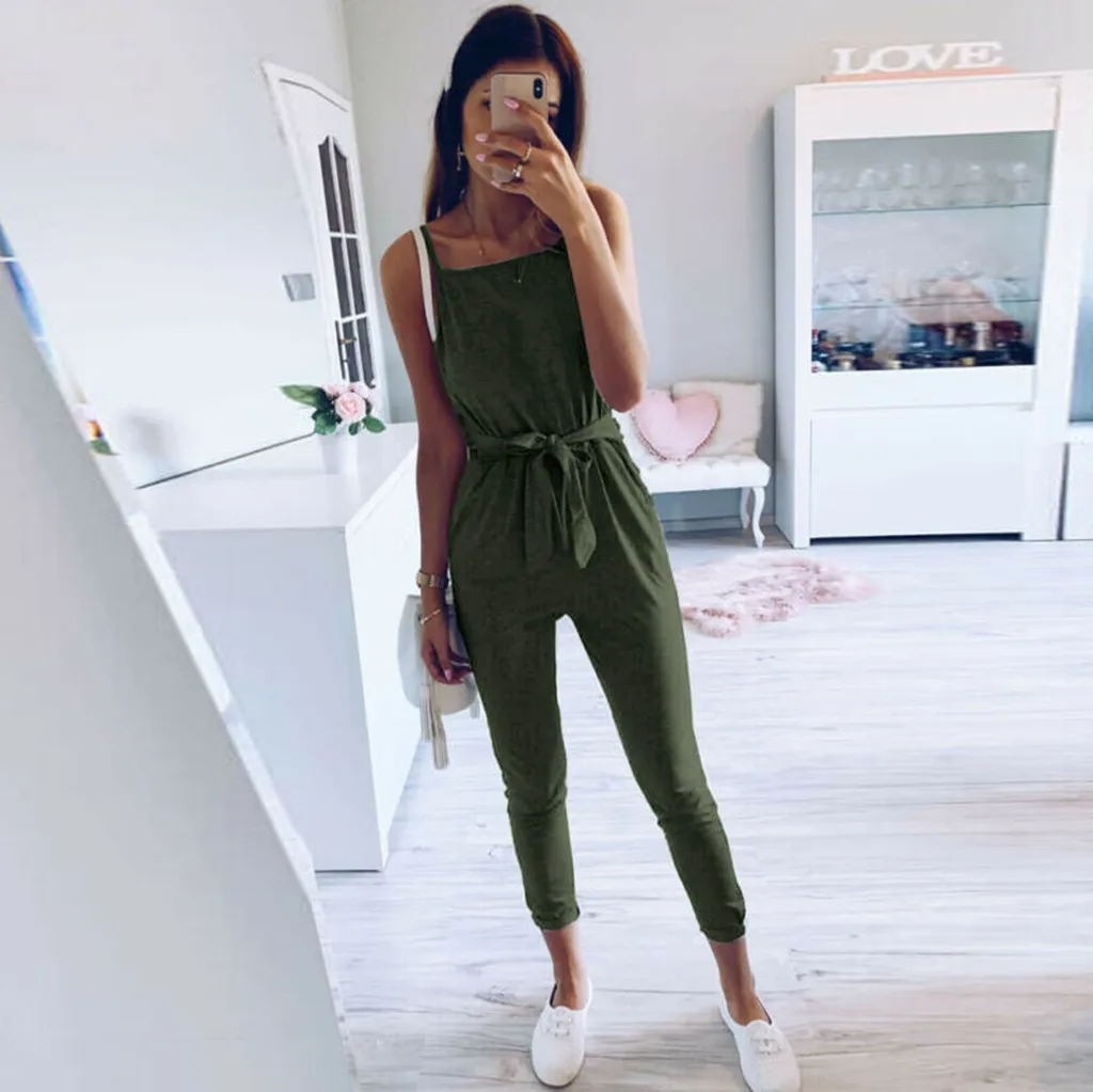 Womens Sleeveless Playsuit Ladies Casual Sashes Loose Wide Leg Long Pants Jumpsuit Monos Largos Mujer Pantalon Largo 50