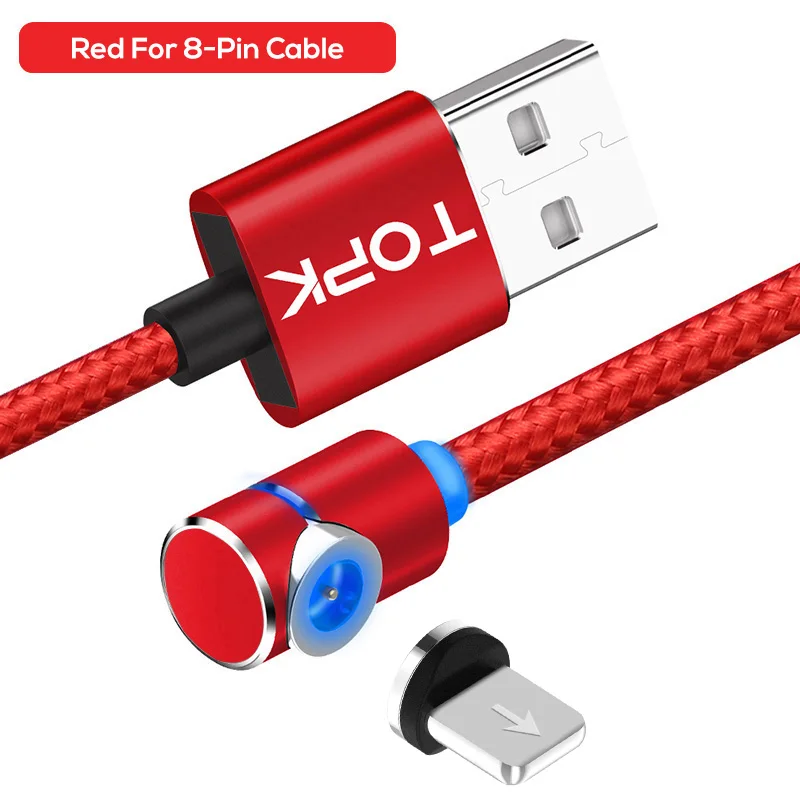For 8-Pin Red TOPK 90 градусов L Тип Магнитный кабель, СВЕТОДИОДНЫЙ Магнитный зарядный кабель для iPhone Xs Max X 8 7 5 и Micro USB кабель и usb type-C USB C - Цвет: For 8-Pin Red