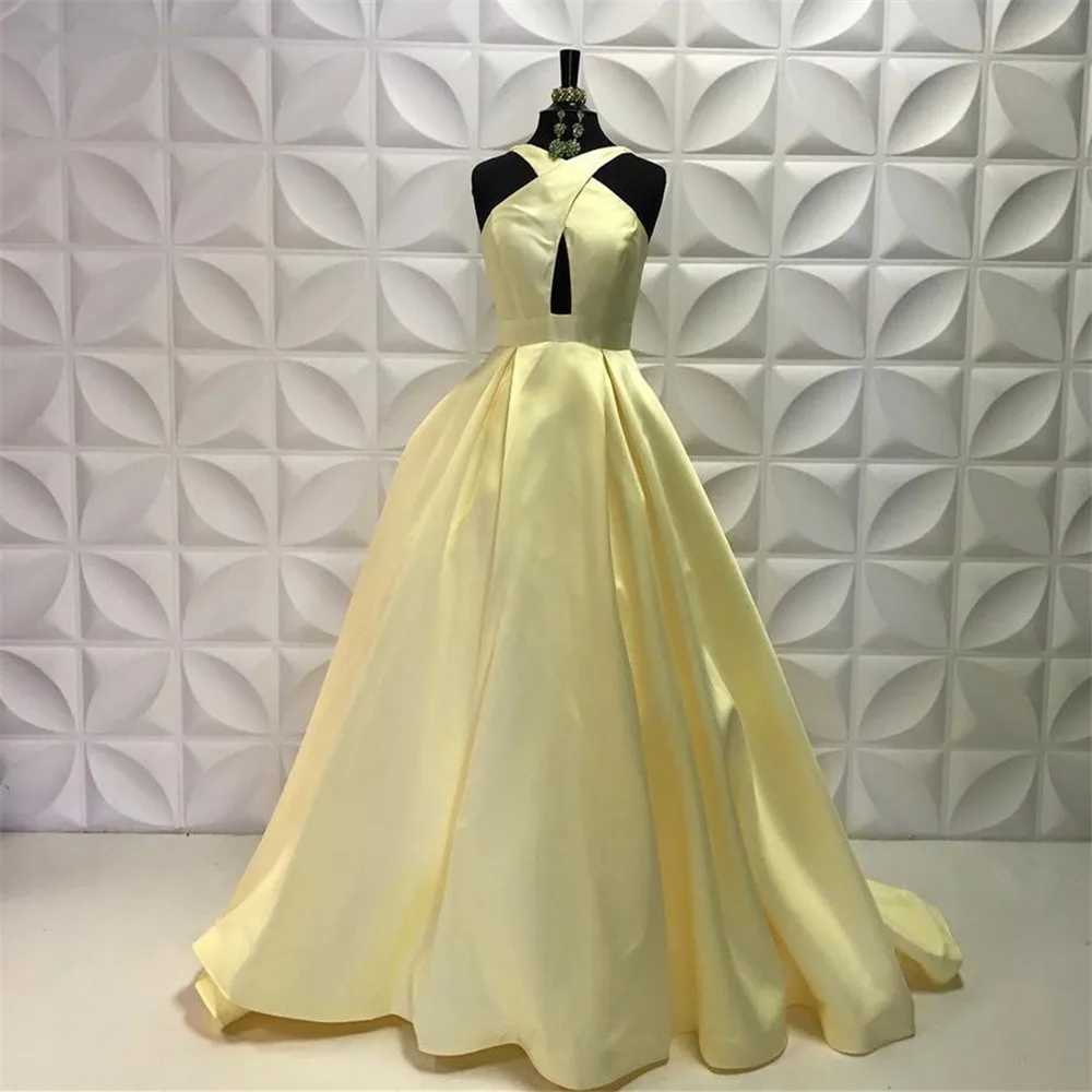 

HONGFUYU Satin A-line Long Evening Formal Dresses with Pockets Vestido de Formatura Crossed Neckline Party Prom Gowns Open Back