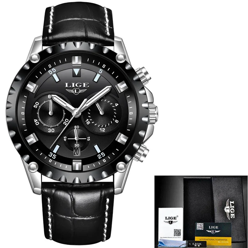 ALL Black L Relogio Masculino LIGE мужские s часы лучший бренд класса люкс кварцевые золотые часы мужские повседневные кожаные военные водонепроницаемые спортивные наручные часы - Цвет: ALL Black L
