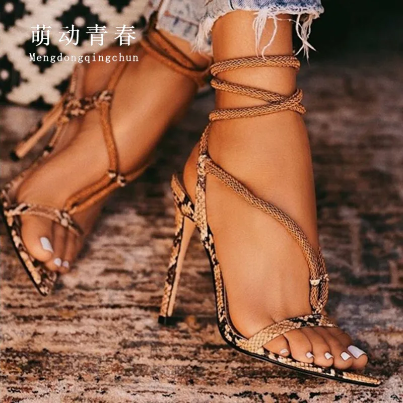 Plus Size 35-42 Women Pumps High Heeled Sandals Shoes Narrow Band Ankle Strap Summer Snake Print Rope Stiletto Mujer | Обувь