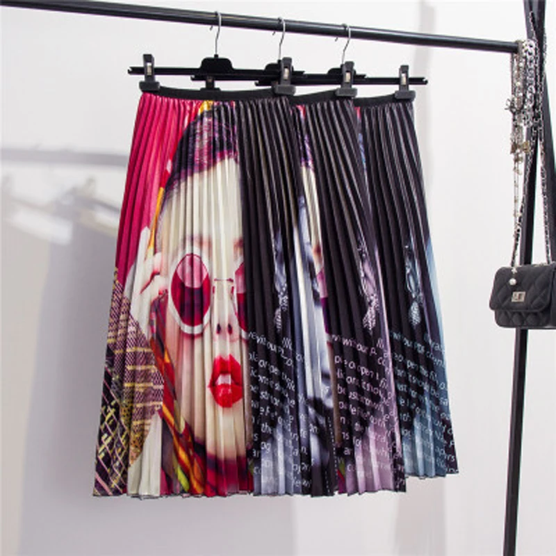 2019 модная женская летняя Макси юбка с рисунком из мультфильма атласная