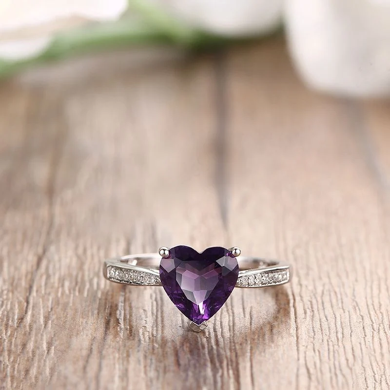 Сердце Вырезать 8x8 мм 1.6ct натуральная аметист, серебро 925 натуральные бриллианты Обручение Свадебные Для женщин Мода Fine Jewelry кольцо