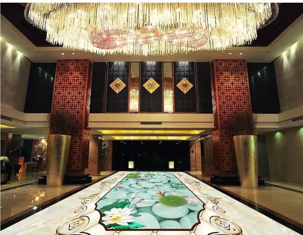 

Free Shipping Marble pattern soft package lotus nine fish 3D floor thickened bathroom living room square flooring mural