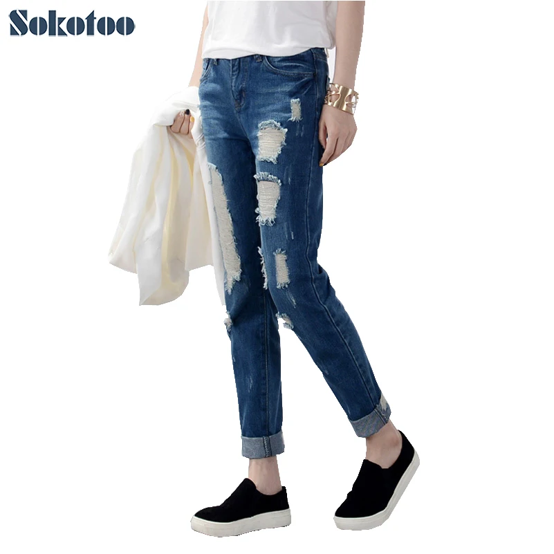 Женские рваные джинсы Sokotoo Модные свободные бойфренды с дырками|boyfriend jeans|boyfriend jeans