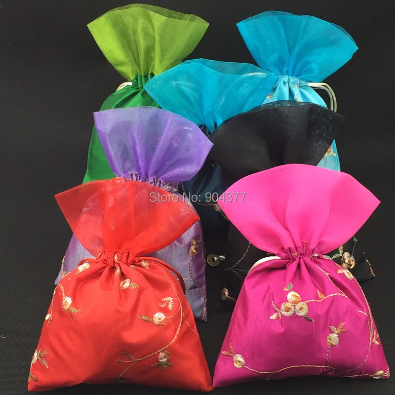 Большой Вышивка Фрукты Подарка Organza Сумка 17x23 см Китай стиль Атлас Drawstring Конфеты