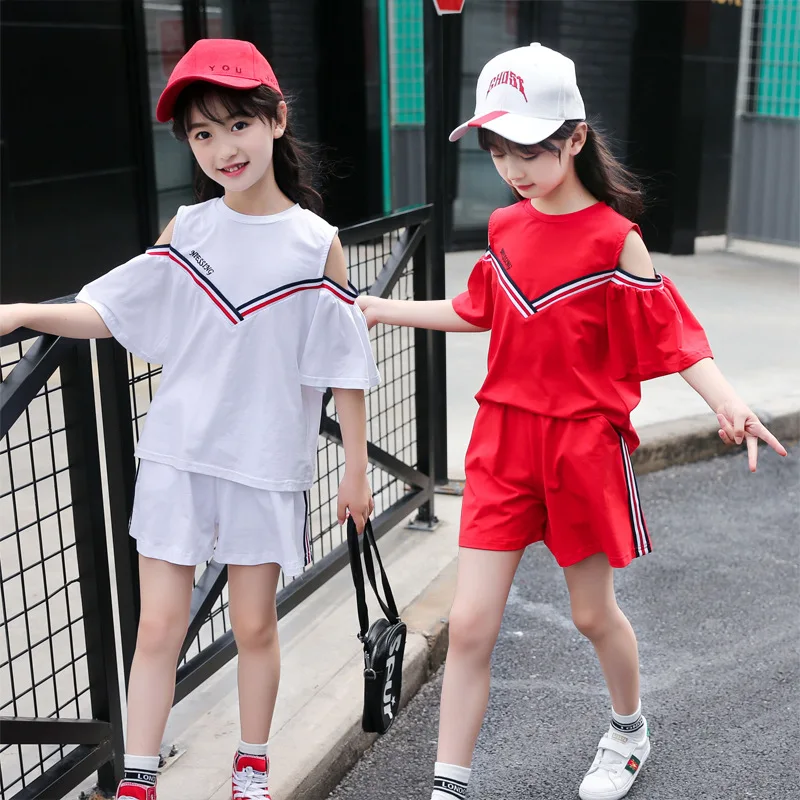 Girls Summer Children's Fashion Sports Suits Teenage Clothing Set Cotton Short Sleeve Shorts Two-piece Tracksuit 4-13Years | Детская
