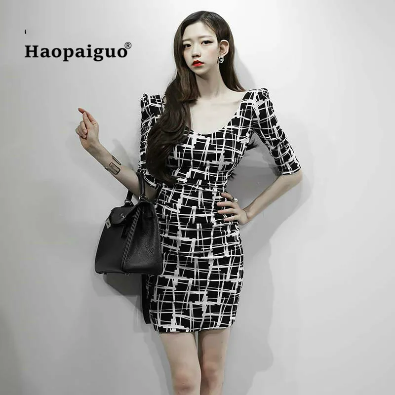 

Plus Size Pencil Dress 2018 Autumn Women Black Print Plaid Half Sleeve O-neck Casual Office Mini Dress Modis Ladies Wrap Dresses