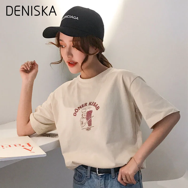 Корейский Письмо Распечатать Solid Хлопок Майка Женщины Graphic Tee рубашка Femme Уличная