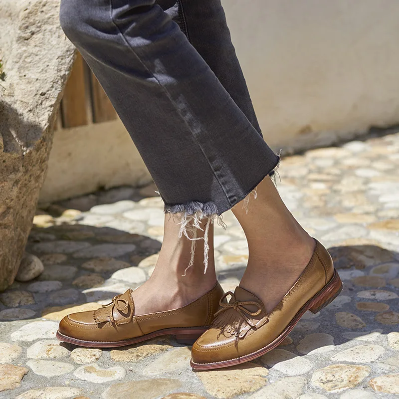 Женские лоферы без застежки BeauToday бантик с кисточкой мокасины из натуральной