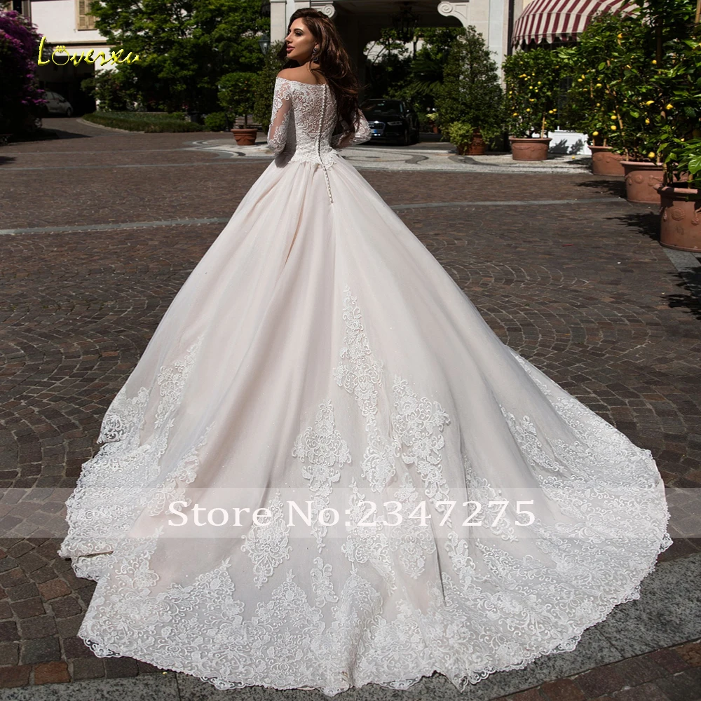 Loverxu Vestido De Noiva свадебное платье трапециевидной формы с длинным рукавом Элегантное свадебное платье на пуговицах с аппликацией Со Шлейфом Кружевное винтажное свадебное платье