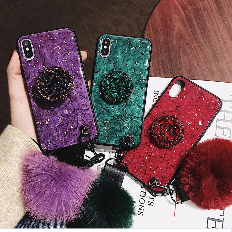 Hot Diamond Chain Pompom Fur Ball Case Capa For Samsung Galaxy S10 Plus S10e J8 J4 J6 2018 J3 j7 j5 2017 Strap Coque |