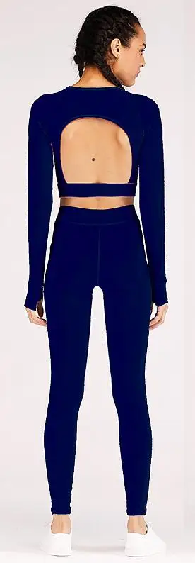dark blue Женский комплект для йоги с длинным рукавом и открытой спиной, штаны для фитнеса и бега, одежда для спортзала, тренировочный костюм, спортивные костюмы, женский комплект для бега - Цвет: dark blue