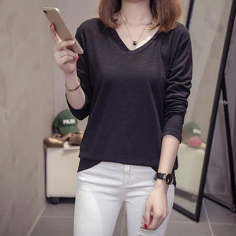 5 однотонных цветов базовая футболка с v-образным вырезом длинный рукав осенняя