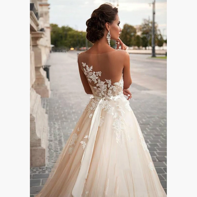 Vestido de noiva бежевые Свадебные платья robe de mariee изготовленный на формальный заказ кружева Abendkleid Элегантное свадебное платье из тюля длинное
