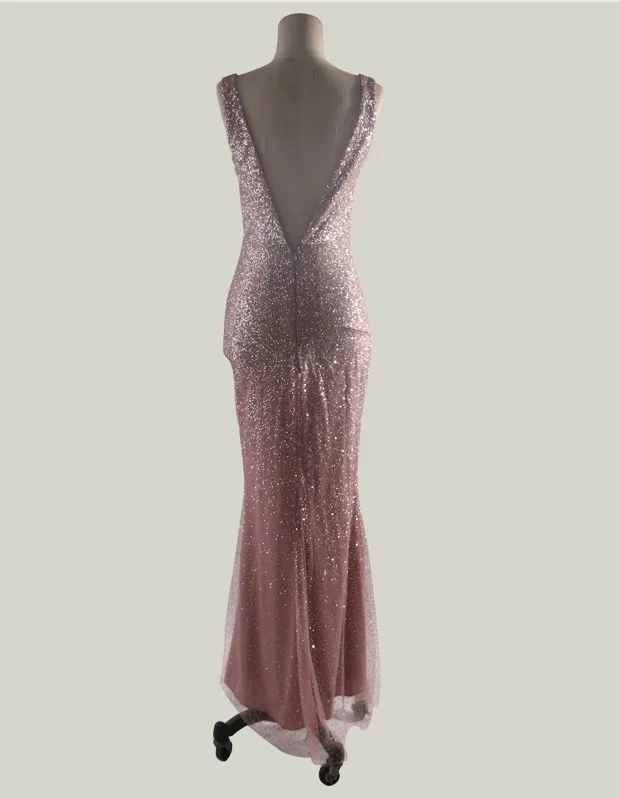 Summer Dress Women Sequin Prom Party Sexy Gold Evening Party High Waist V Neck Long Bodycon Split Dress For Female