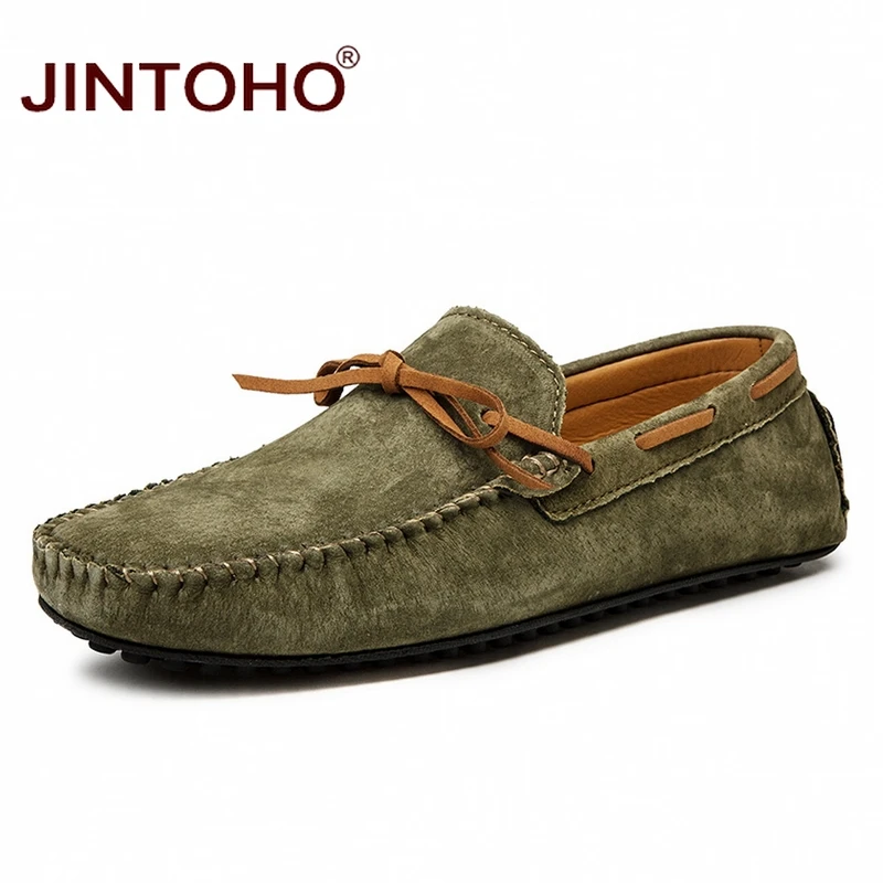 green JINTOHO/мужские лоферы больших размеров; модная мужская обувь из натуральной кожи без застежки; брендовая мужская повседневная кожаная обувь; обувь для вождения - Color: green