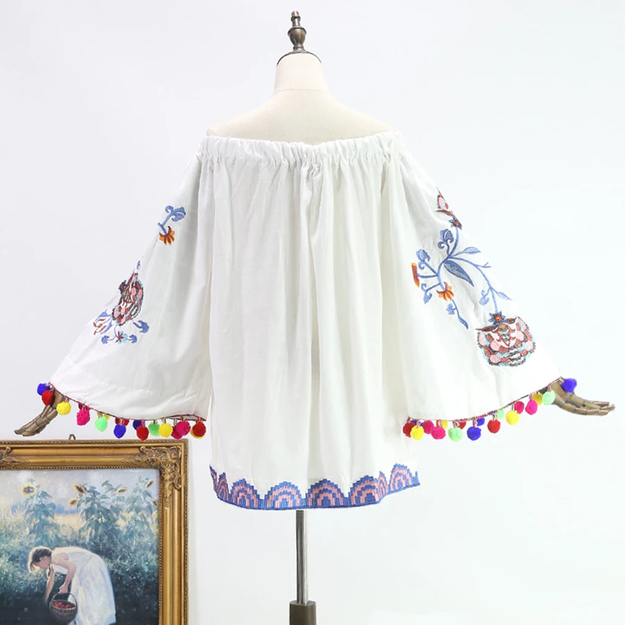 TEELYNN Boho white blouse for women floral Embroidery sexy off shoulder summer flare long sleeve blouses blusas |