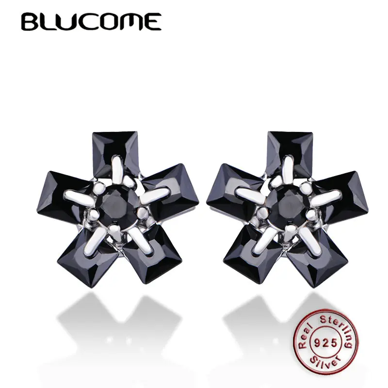 Женские серьги гвоздики Blucome Серебристые в форме цветка черные стразы подарочные